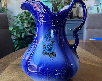 Vintage Ironstone England Large Water Pitcher Cobalt Blue With Rose