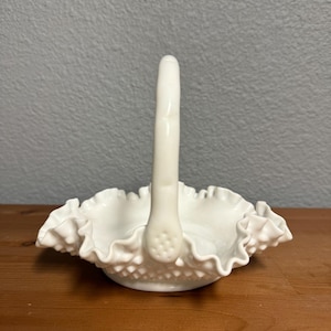 Fenton Hobnail Milk Glass Basket Crimped Edge White