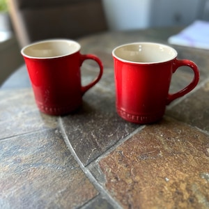 Vintage Set of 2 Le Creuset Red Stoneware Coffee Mugs Cups