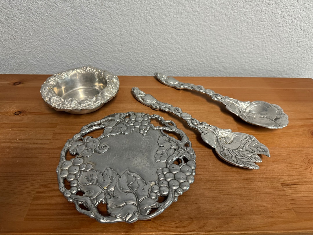 Vintage Set of 4 Pieces of Pewter Salad Serving Utensils Bowl and ...
