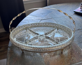 Vintage Pressed Glass Divided Serving Tray With Metal Silver Handle