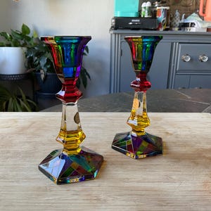 Beautiful Pair of 2 Murano Glass Multi Colored Candleholders Italy Original Tag Attached