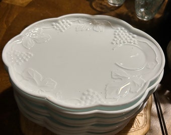 Vintage Set of 9 Milk Glass Snack Plates Grape Design