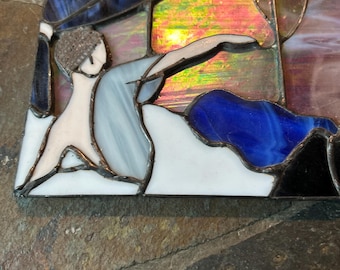 Artist Made Stained Glass Panel Modern Woman Figure