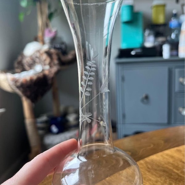 Vintage Glass Etched Flower Vase