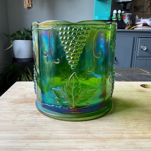 Vintage Indiana Glass Green Iridescent Carnival Glass Large Heavy Canister