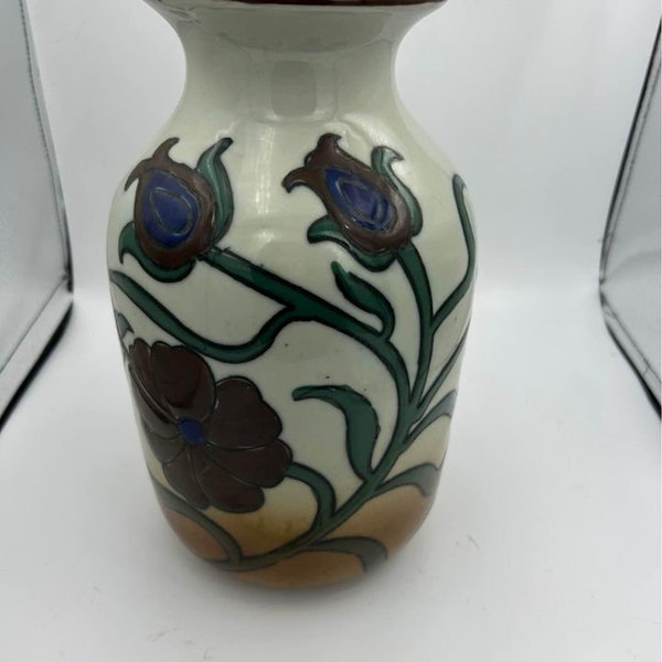 Lovely Large Vintage Vase Brown Green Blue Flowers