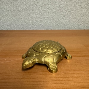 Vintage Solid Brass Turtle With Lid Trinket Box Collectible
