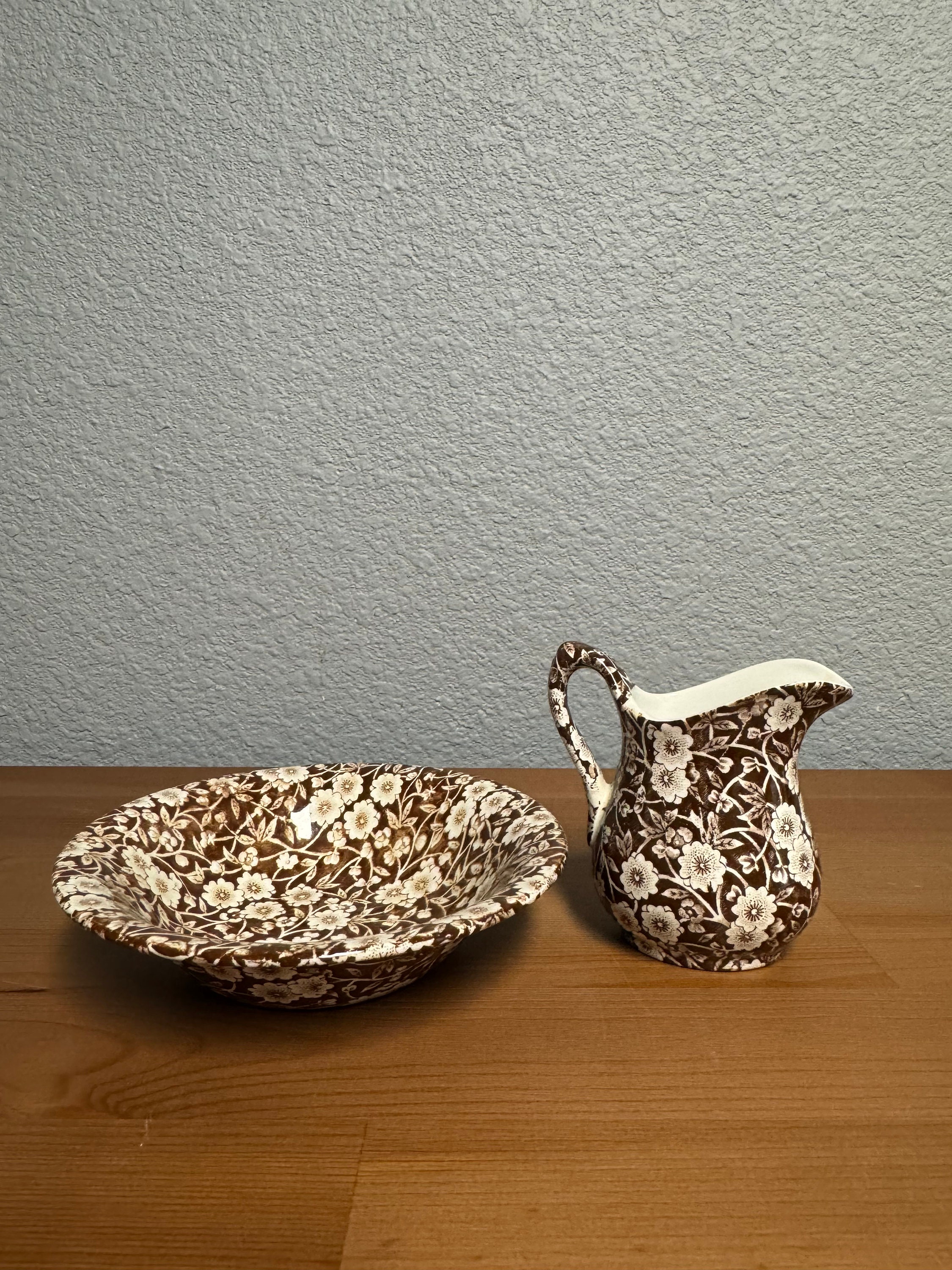 Vintage England Staffordshire Brown Chintz Pitcher and Bowl - Etsy