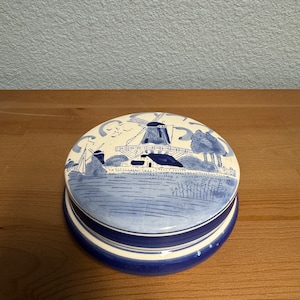 Vintage Blue and White Delft Holland Windmill Style Lidded Trinket Box