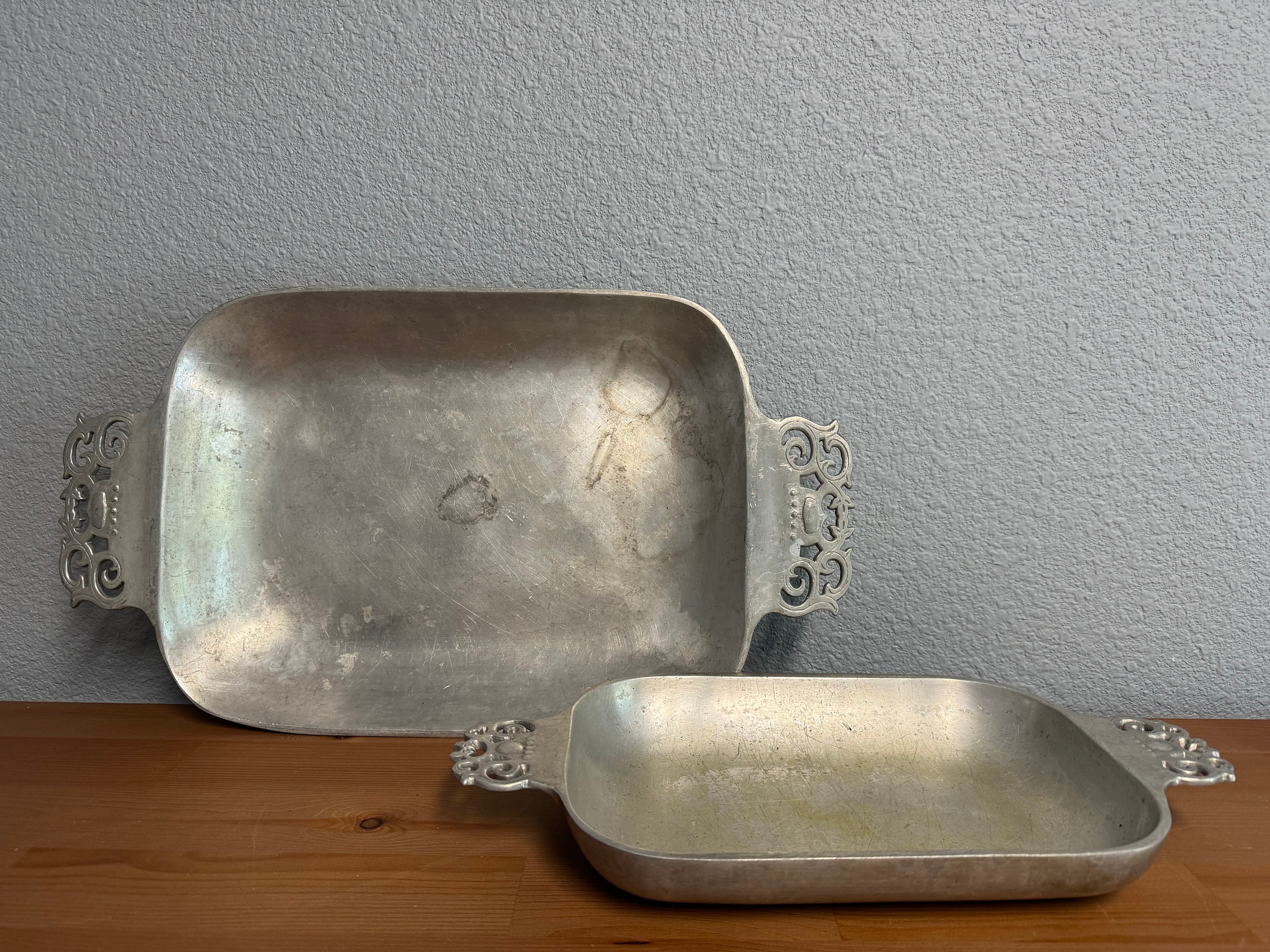 Set of Vintage Nambe 210 Serving Platters Dishes Pewter Decorative Handles - Main Image