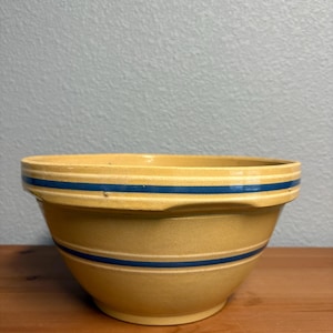 Antique Yellow Ware Mixing Bowl Watt Pottery Blue Stripes Large