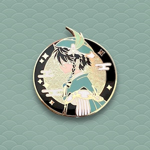May include: A gold-toned enamel pin featuring a stylized anime character with black hair and a green and white outfit. The character is standing in front of a black and gold moon with clouds and stars.