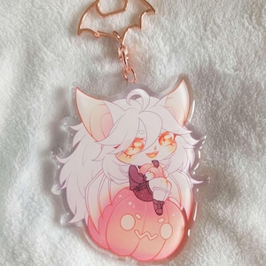 Acrylic keychain epoxy, white hindurian bat, pumpkin, furry fursona, cute charm, animal kawaii, unique gift, double-sided, accessory for her