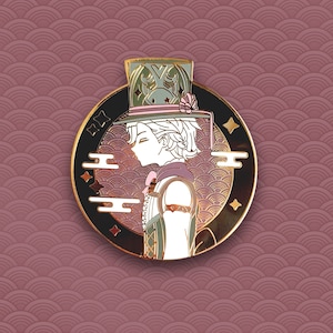 May include: Gold and black enamel pin featuring a character with a top hat and a patterned background. The character is wearing a white shirt and a purple vest. The background is a pattern of overlapping circles.