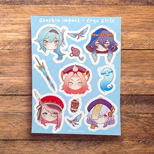 Hoja de pegatinas - Genshin Impact Cryo Girls, eula, layla, diona, charlotte, qiqi, scrapbooking, brillante impermeable, pegatina cortada con beso, lindo