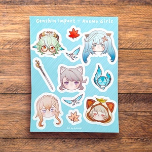 Hoja de pegatinas - Genshin Impact Anemo Girls, sacarosa, faruzan, lynette, jean, sayu, scrapbooking, brillante impermeable, pegatina cortada con beso, lindo