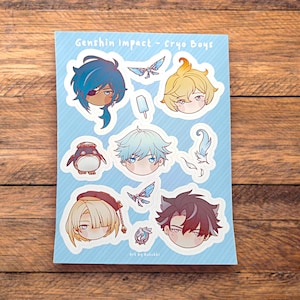 Hoja de pegatinas: Genshin Impact Cryo Boys, kaeya, mika, chongyun, wriothesley, freminet, álbum de recortes, impermeable brillante, semicortado, bonito