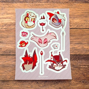 Feuille Autocollants - Hôtel Démon, fiche stickers, cerf radio, charlie, alastor, angel, husk, vaggie, niffty, cochon, mignon, à offrir