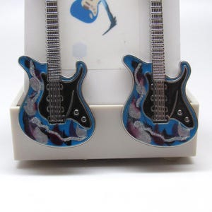 Hand Painted Guitar Earrings Blue, Silver and Multi Wearable Art One of a Kind Music Rock & Roll