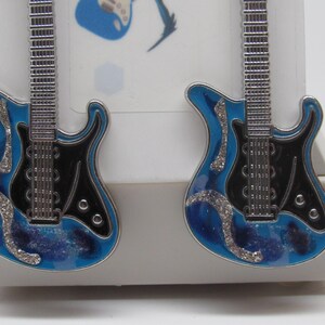 Hand Painted Guitar Earrings Blue and Silver Wearable Art One of a Kind Music Rock & Roll