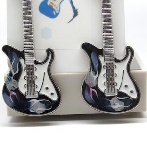 Hand Painted Guitar Earrings Black White and Blues One of a Kind Wearable Art Music Rock & Roll