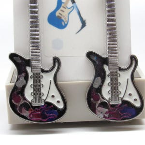Hand Painted Guitar Earrings Black Purple and Blue  One of a Kind Wearable Art Music Rock & Roll
