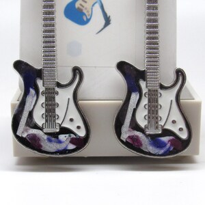 Hand Painted Guitar Earrings Black, Silver Blues and Purples One of a Kind Wearable Art Music Rock & Roll