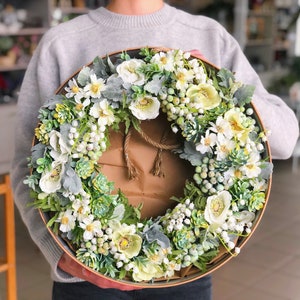 housewarming gift Summer door wreath from artificial flowers home and wedding decor foliage and berries in present box