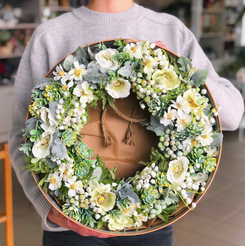 housewarming gift Summer door wreath from artificial flowers home and wedding decor foliage and berries in present box