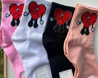 SET of 2 Bad Bunny  SOCKS  Bad Bunny fan bunny / white& pink or black and  coral