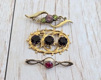 Vintage Brass Brooch with Glass Stones, Made in USSR