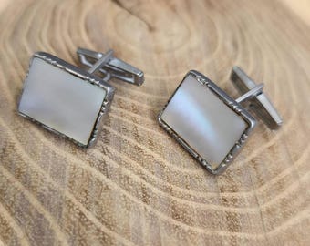 Vintage Soviet Cufflinks with Mother of Pearl, 1970s USSR Men’s Jewelry, Retro Rectangular Cuff Links, Silver Tone, Classic Gift for Him