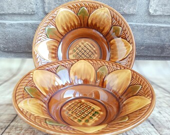 Vintage Deep Pottery  Plates, Hand Painted Flowers Traditional  Handmade Small Bowls