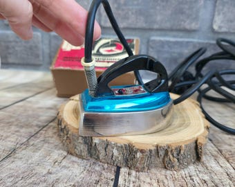 Vintage Soviet Travel Iron 220V, Mini Electric Iron USSR with Box, Manual & Stand, Retro Blue Iron, 1970s Working Appliance