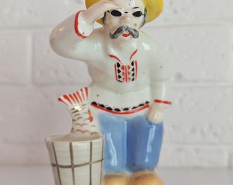 Vintage Soviet Porcelain Fisherman Figurine 1970s USSR, 14 cm Hand Painted Ceramic Folk Statue