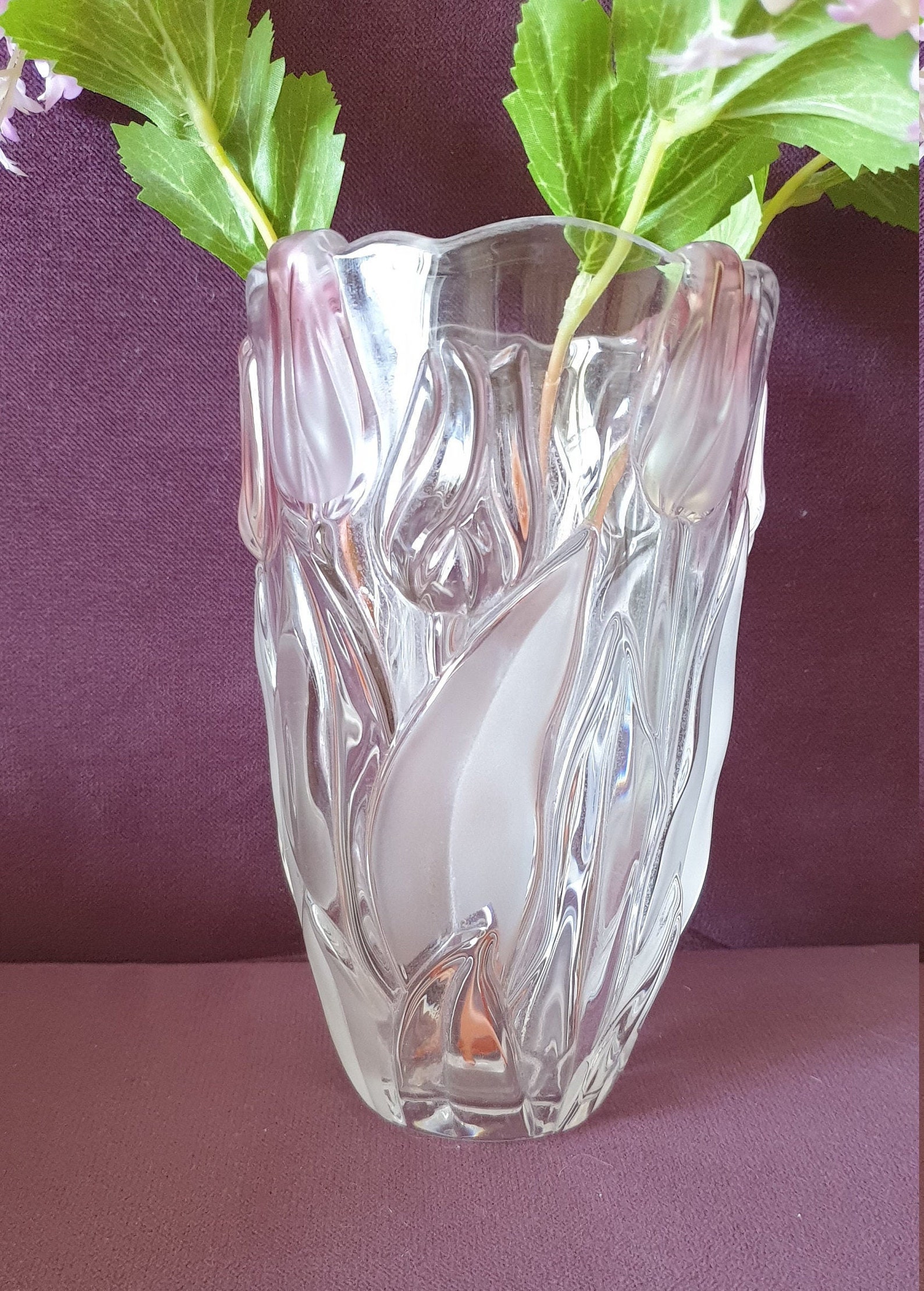 Vintage crystal glass flower vase with pink tulips Etsy