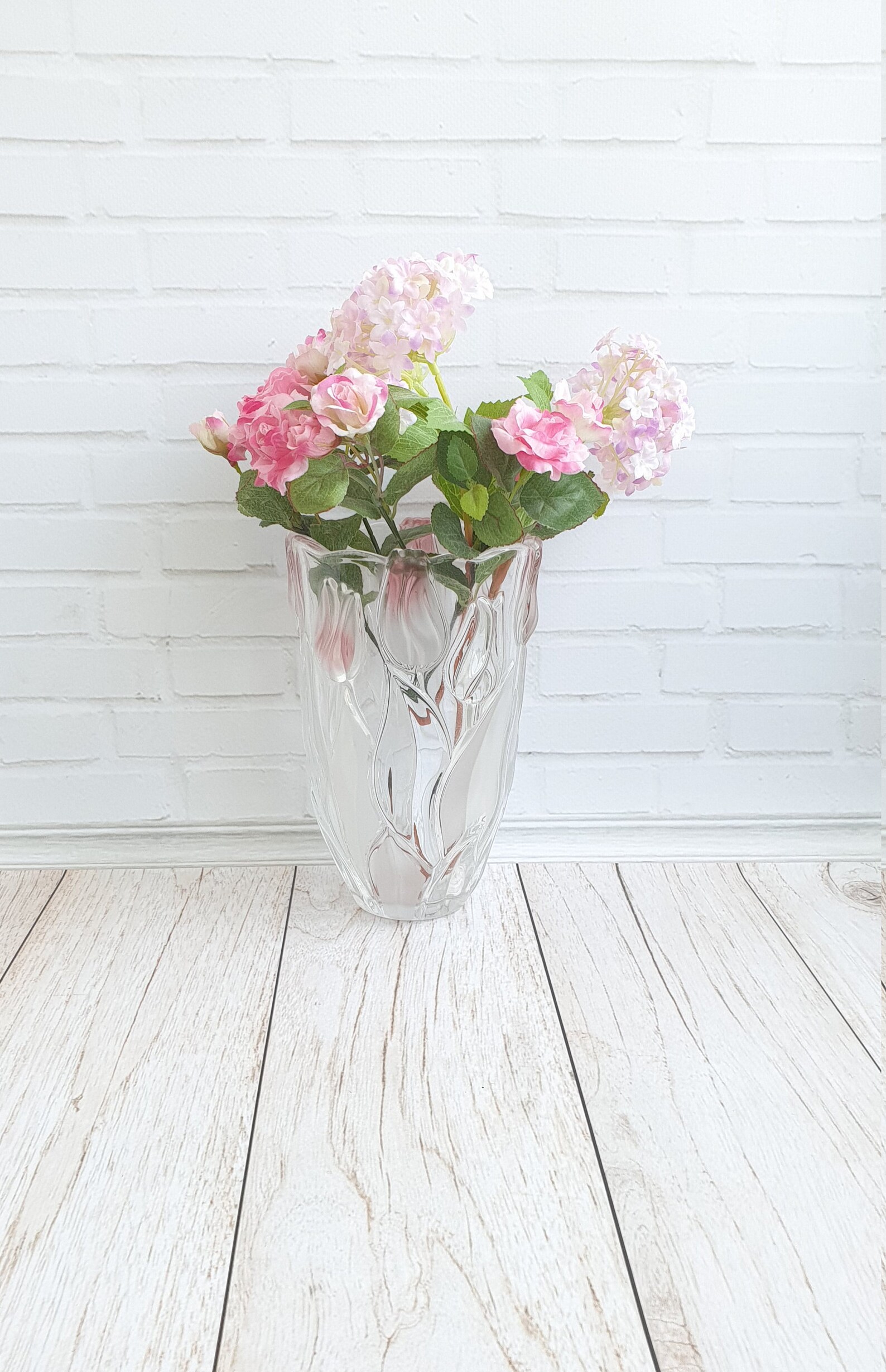 Vintage crystal glass flower vase with pink tulips Etsy