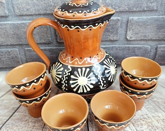 Antique Village Clay Milk or Wine Jug, Handmade Pottery 1970s with Ceramic Goblets