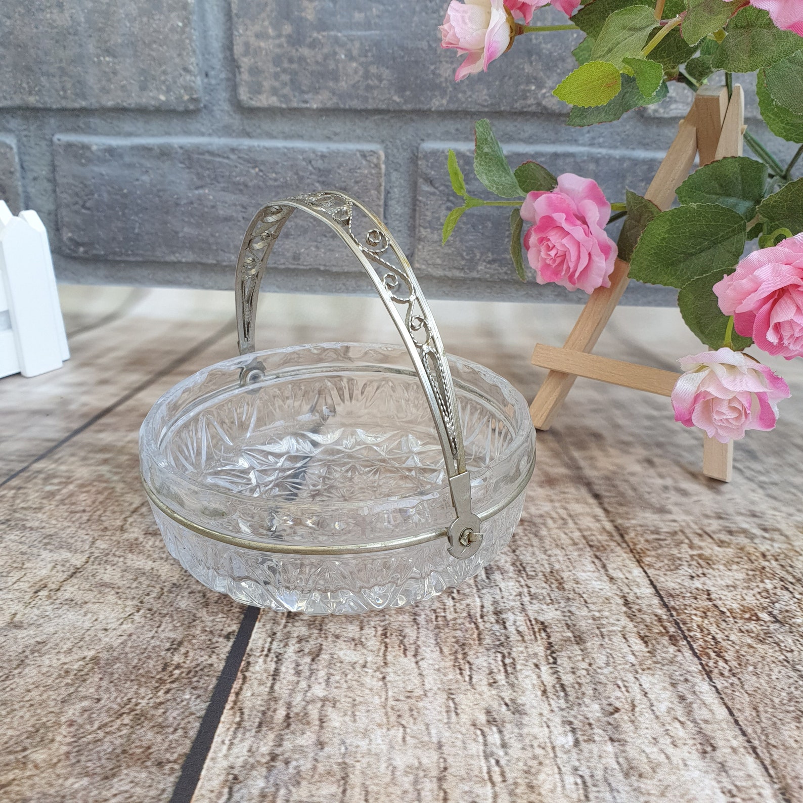 Glass vase vintage round crystal Basket with handle old Etsy