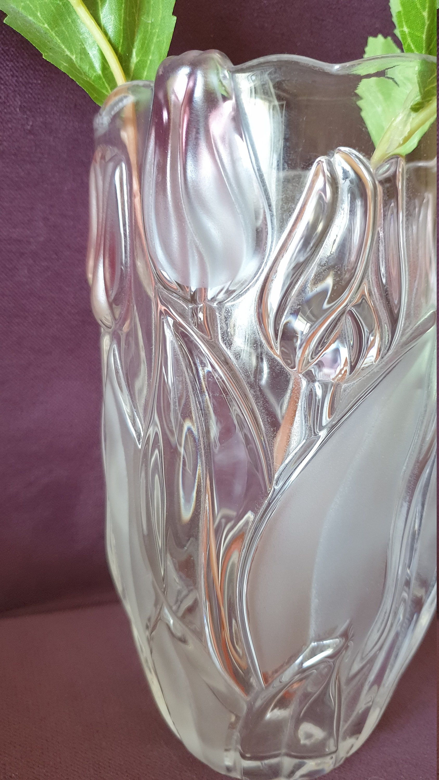 Vintage crystal glass flower vase with pink tulips Etsy