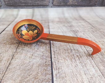 Vintage Russian Khokhloma Lacquered Wood Ladle with Hook Handle, Traditional Folk Art