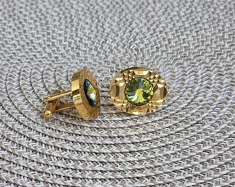 Vintage Gold Tone Cufflinks with Green Glass, USSR Men’s Jewelry 1970s, Soviet Oval Cuff Links, Retro Russian Gift for Him