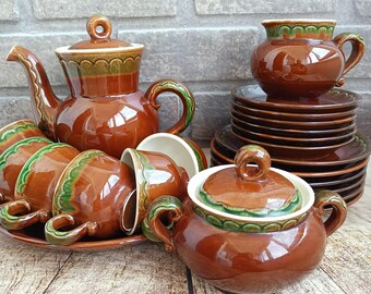 Vintage USSR Ceramic Coffee Set: Hand-Painted Brown Teapot, Cups, Saucers