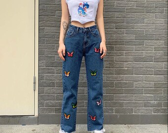embroidered jeans etsy