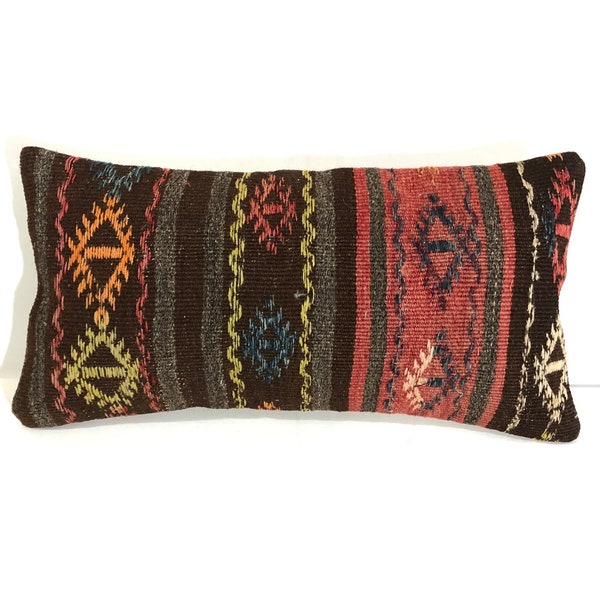 Vintage Turkish Kilim Lumbar Cushion Cover, Boho Cushion, Long Bed Cushion, Sofa Cushion, Living Room Pillow, Home Textile, No;62