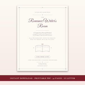 May include: A cream-colored workbook titled The Romance Writer's Room, A Complete Story-Planning Workbook for Writing an Unputdownable Romance. It features a central open book icon with a heart, text details, and Rosewood Press branding.