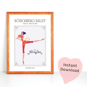 Puede incluir: Un póster imprimible para la producción de El Cascanueces del Ballet de Königsberg. El póster presenta a una bailarina con un traje rojo y dorado sosteniendo un abanico. El texto en el póster dice "Königsberg Ballet" y "El Cascanueces".