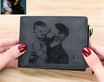 Personalized Mens Leather Wallet with Custom Photo Engraving, Anniversary Gifts for Him, Fathers Day Gift for Husband