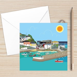 Mevagissey Harbour Blank Card: Cornwall Coastal Art